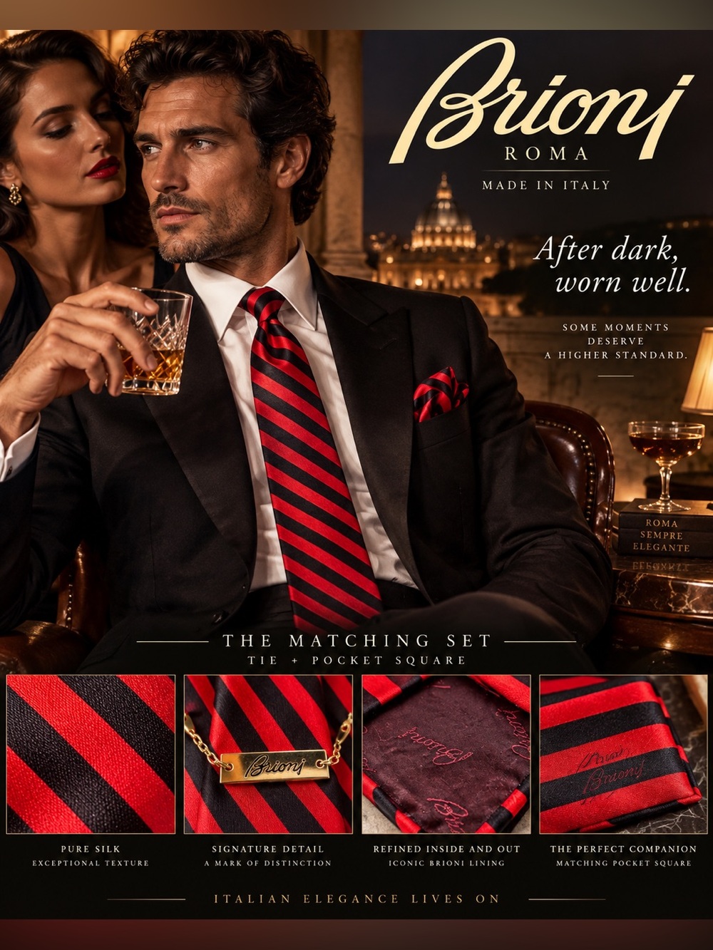 Brioni Red and Black Diagonal Stripe Silk Tie with Matching Pocket Square